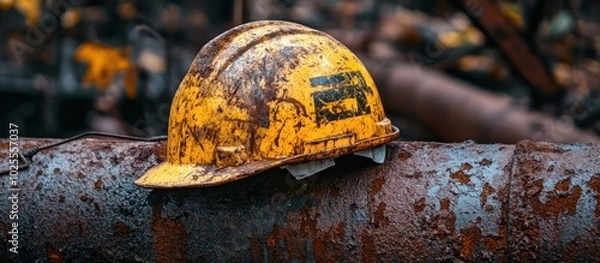 Fototapeta A yellow hard hat with a black logo sits on a rusty pipe.