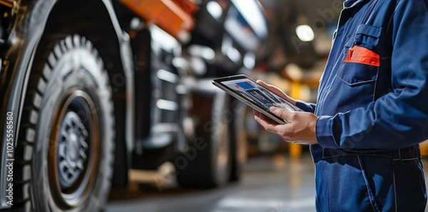 Fototapeta A mechanic with a tablet computer diagnoses the diesel engine of an industrial truck in a garage. Car repair concept in auto repair industry