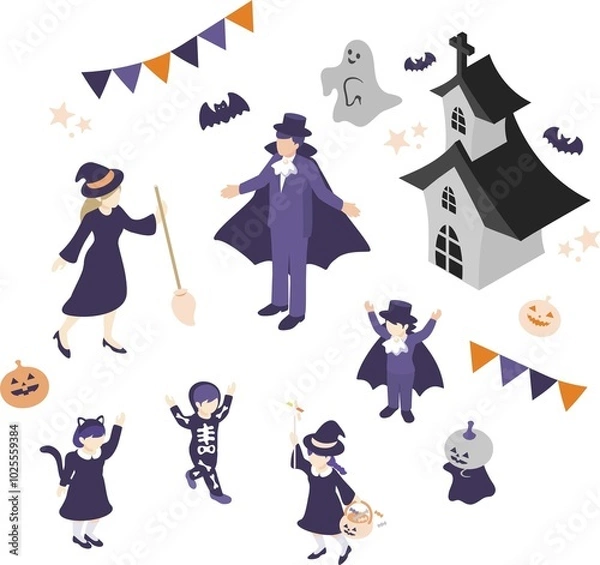 Fototapeta アイソメトリック　人物　家族　ハロウィン　イベント　仮装　かわいい　シンプル　イラスト素材セット