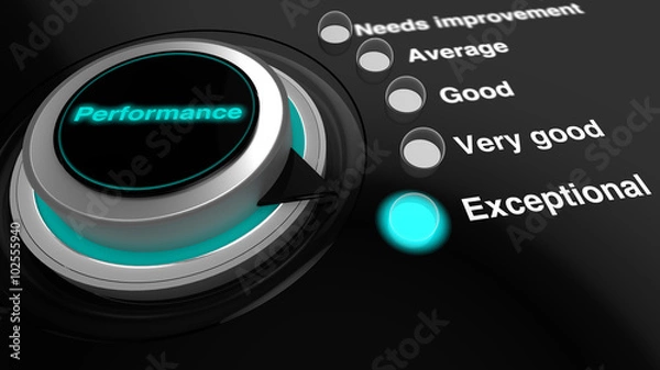 Fototapeta Rotary knob with the word performance in blue turned to expert