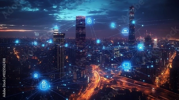 Fototapeta Smart City Network Illuminated by Technology