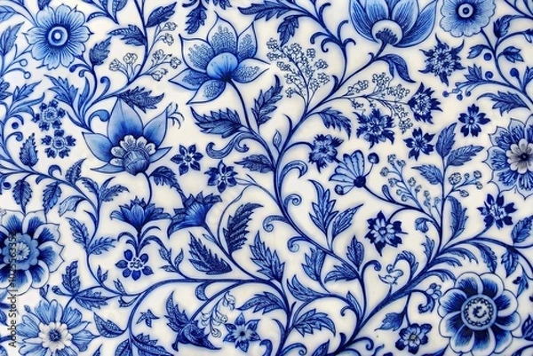 Fototapeta detailed blue and white chinoiserie pattern with interwoven vines and blossoms vintage porcelain style elegant and intricate floral motifs leading lines