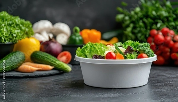 Fototapeta Round takeaway food container mockup with design space, encircled by fruits and vegetables.