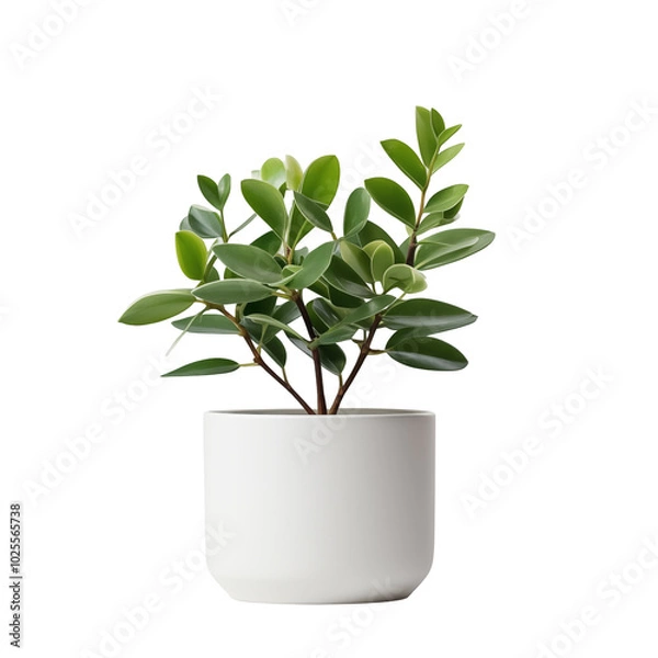 Obraz Green indoor plant in a minimalist white pot on a bright surface with natural lighting
