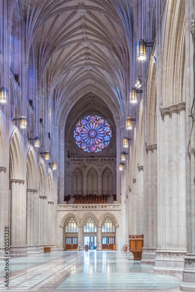 Fototapeta Uncommon interior view, facing to the rear,  of Washington National Cathedral with chairs removed. The cathedral was built with small donations during a 97 year period.