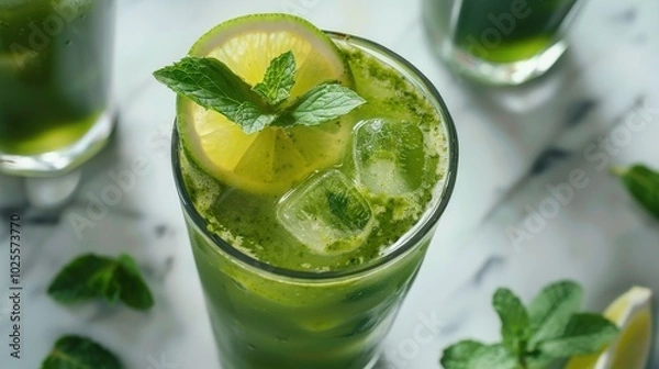 Fototapeta Refreshing Glass of Matcha Green Tea with Lime and Mint Garnish, Invigorating Close-Up