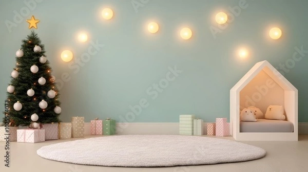 Obraz Play area in a nursery with Christmas decorations and soft lighting, 3D illustration