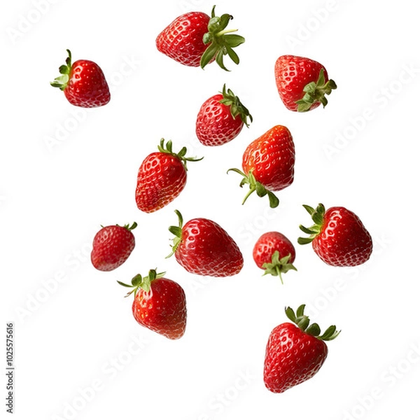 Obraz Fresh strawberries in mid-air against a light background create a vibrant display of fruit