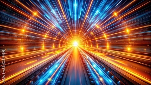 Fototapeta Dynamic abstract tunnel of glowing orange and blue light streaks from bird eye view
