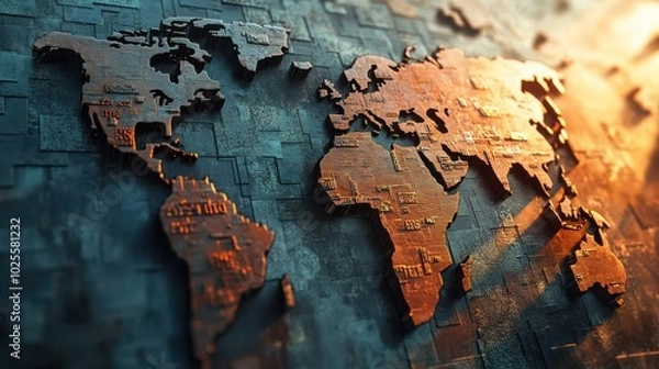 Fototapeta Artistic world map with a textured, metallic appearance, highlighting continents. Ideal for global themes, geography, and travel concepts.