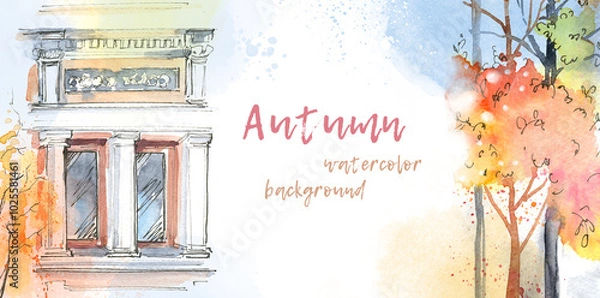 Fototapeta Panorama with a fragment of an old building with a window, architectural watercolor urban sketch. House, school, office in the autumn forest, park. Autumn watercolor background, text frame with trees