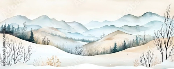 Fototapeta Snowy mountain landscape with soft pastel tones and tranquility.