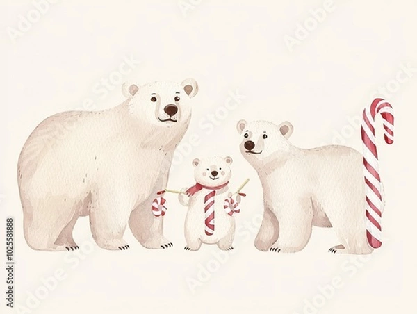 Fototapeta Three polar bears with candy canes on a white background