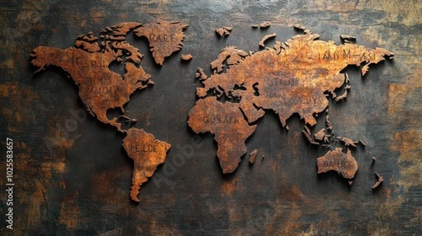 Fototapeta Rustic world map artwork on textured wall background. Perfect for travel, geography, and interior design themes. Rich colors and textures.