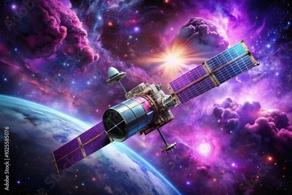 Fototapeta Futuristic Satellite Orbiting in a Vibrant Purple Galaxy Filled with Stars and Cosmic Clouds for Space Exploration
