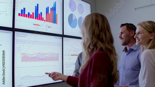 Fototapeta Smiling team reviews benchmarking data on large screens in modern office