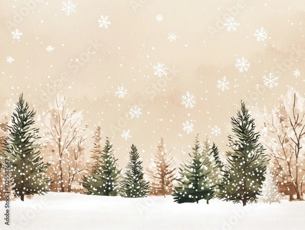 Fototapeta Winter landscape with snow-covered trees and falling snowflakes.