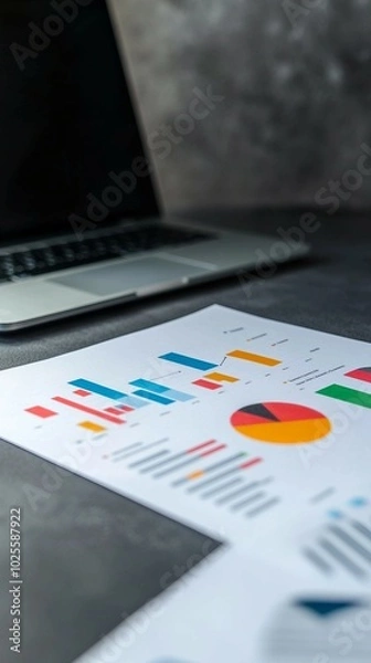Fototapeta Business Charts and Graphs on a Desk with a Laptop