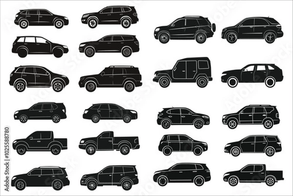 Obraz Vector car silhouettes collection. Vector illustrations of car silhouettes. Vehicles silhouettes vector art. Various types car vector silhouettes. Silhouettes of different types cars vector