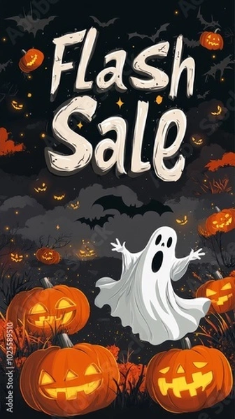Fototapeta [Bold "Flash Sale" text framed by spooky ghosts and pumpkins, with bats flying in the distance], on a dark background, high resolution, high detail, masterpiece, best quality, high definition, poster 