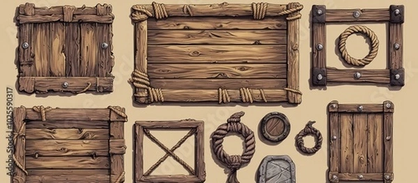 Fototapeta Assorted wooden frames with rope details in a high-resolution vector format.