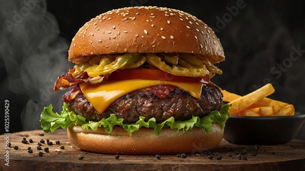 Obraz An indulgent, cheese-stuffed burger with layers of crispy fried onions, pickles, and dripping barbecue sauce.