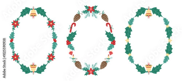 Fototapeta Oval Christmas frames collection with Poinsettia and Bell. Winter frame with empty space for text. Christmas and New Year. Isolated vector illustration.