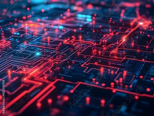 Fototapeta Abstract digital background with glowing circuit lines and nodes, creating a futuristic technology pattern in vibrant colors.