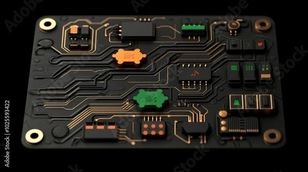 Obraz Futuristic Circuit Board with LEDs and Microchips   Cyberpunk Design