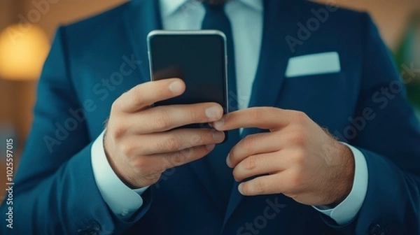 Fototapeta A businessman focuses on his smartphone in a sleek office, with the background blurred for a professional touch.
