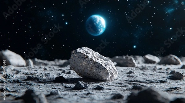 Fototapeta Ethereal Encounter: Meteorite on Lunar Landscape with Earth Viewed from Afar