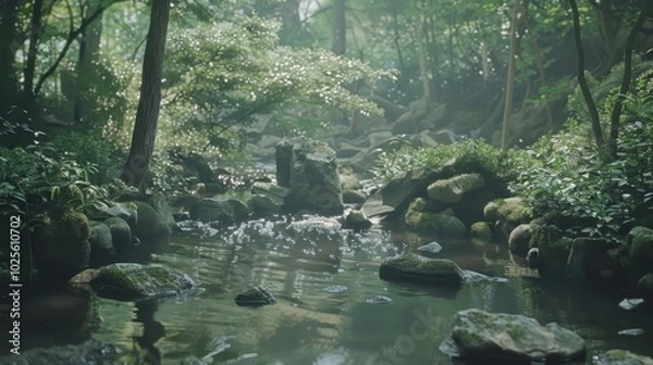 Fototapeta Serene Forest Stream with Lush Greenery and Rocks