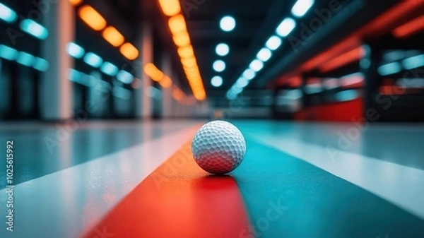 Fototapeta A close-up of a golf ball resting on a colorful lane, illuminated by striking blue and orange lights in a modern indoor setting, showcasing the vibrant ambiance of leisure sports.