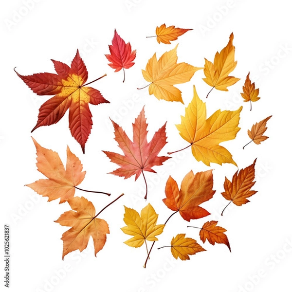 Obraz Colorful assortment of autumn leaves arranged in a circular pattern on a clean transparent background