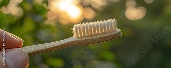 Fototapeta A person using a bamboo toothbrush, a sustainable alternative to plastic