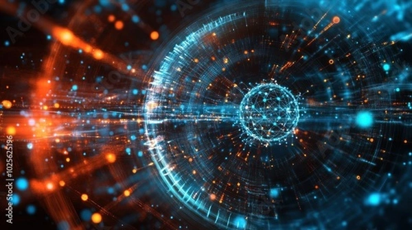 Fototapeta A data technology background with a quantum computing theme, featuring quantum circuits, entangled particles,