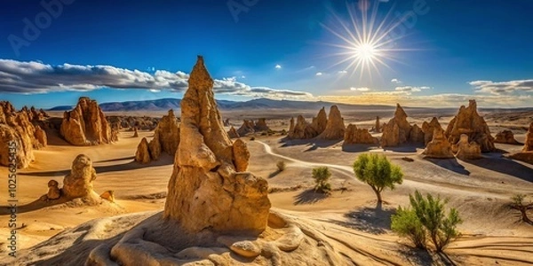 Fototapeta A Desert Landscape of Sculptural Rock Formations Bathed in Golden Sunlight, Casting Long Shadows Across the Sandy Terrain