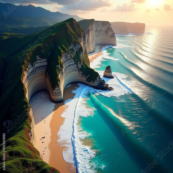 Obraz Turquoise waves meet sandy shore beneath towering cliffs at sunset in a serene coastal scene with Generative AI