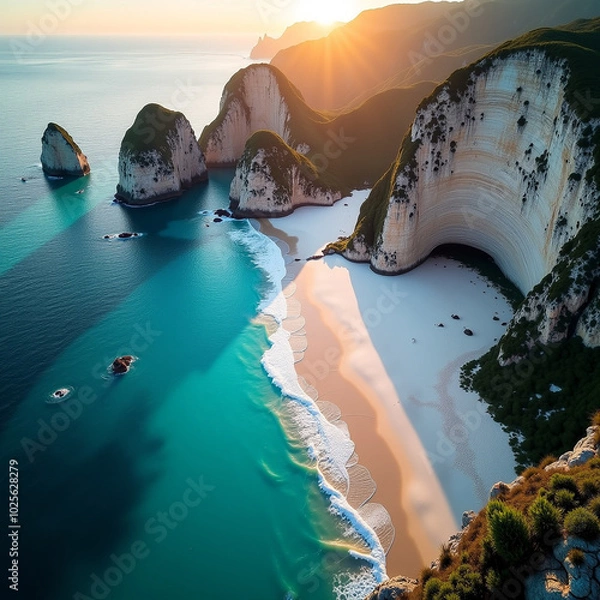 Obraz Breathtaking coastal aerial with vibrant turquoise sea, white sands, and cliffs at sunset with Generative AI