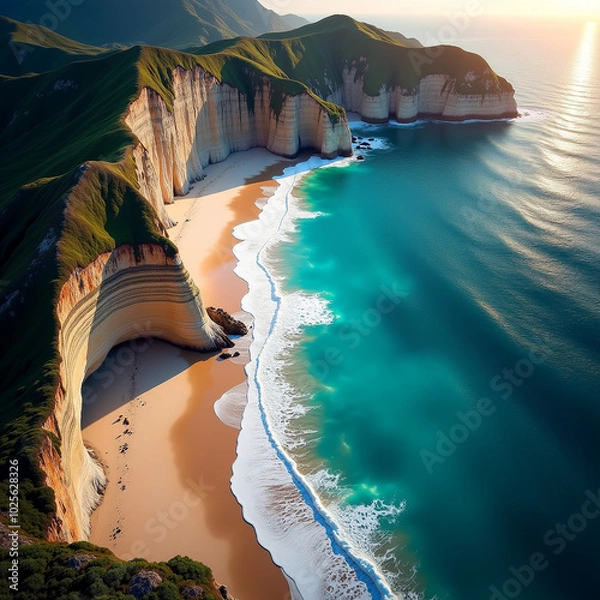 Obraz Awe-inspiring aerial of turquoise ocean, white sandy shore, and cliffs at sunset glow with Generative AI
