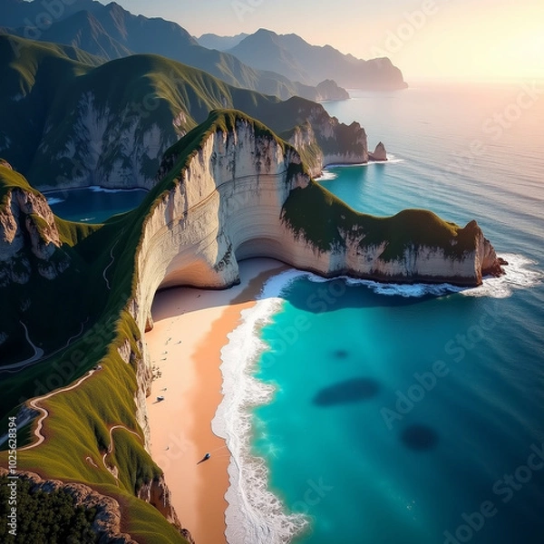 Obraz Aerial shot of turquoise waves crashing against white shore, surrounded by majestic cliffs with Generative AI