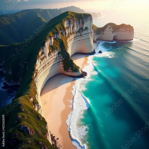Obraz Serene coastline with turquoise ocean, cliffs, and sandy shore glowing in the golden hour with Generative AI