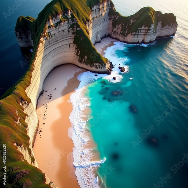 Obraz Sunset aerial of turquoise ocean waves lapping against white sands, framed by towering cliffs with Generative AI