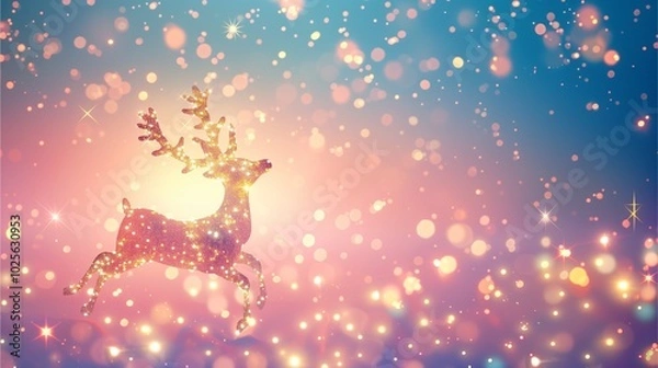 Fototapeta Golden fairy lights in the shape of a reindeer, glowing softly against a pink and blue gradient background, with bright stars 