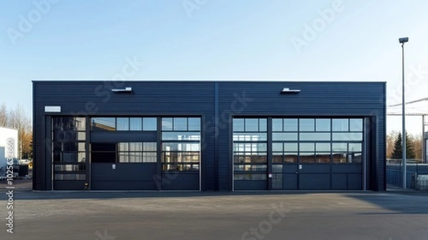 Fototapeta A small industrial building with clean lines and large garage doors in a modern industrial area