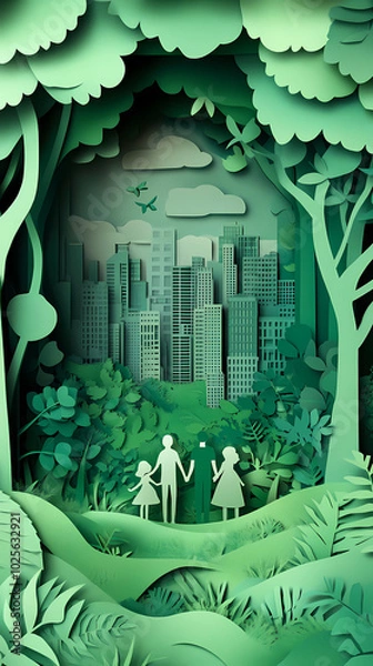 Obraz The concept of a green city and environment with a family. paper art and digital craft style.