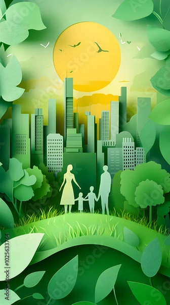 Fototapeta The concept of a green city and environment with a family. paper art and digital craft style.