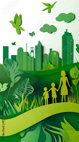 Fototapeta The concept of a green city and environment with a family. paper art and digital craft style.