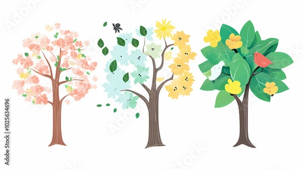 Obraz Tree isolated on white background, spring with flowers, summer with green leaves, autumn with yellow leaves, and winter with snow. Concept of nature and environment in paper cut cartoon style