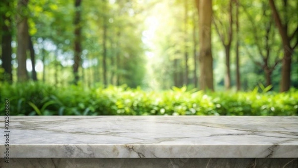 Obraz Empty marble table with nature backdrop and cup